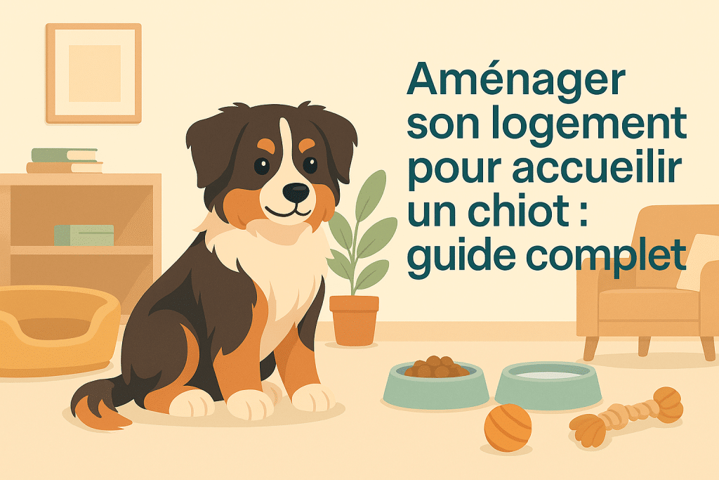Chiot berger australien assis dans un logement aménagé avec panier, gamelles et jouets, illustration style vectoriel