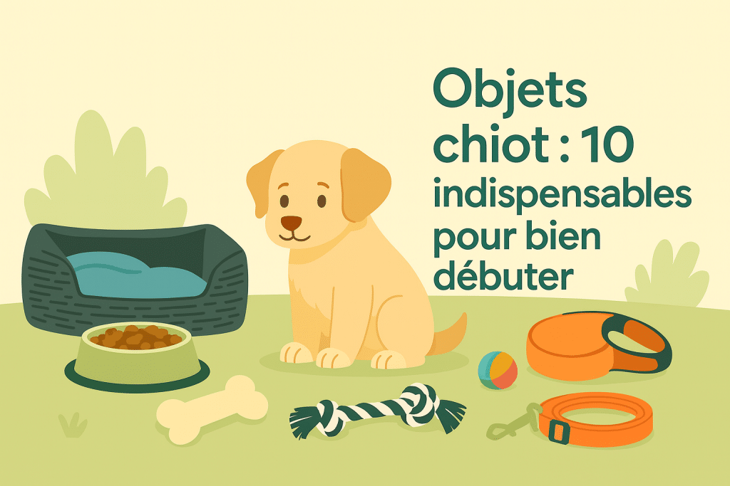 Chiot avec ses objets essentiels panier, jouets et gamelle