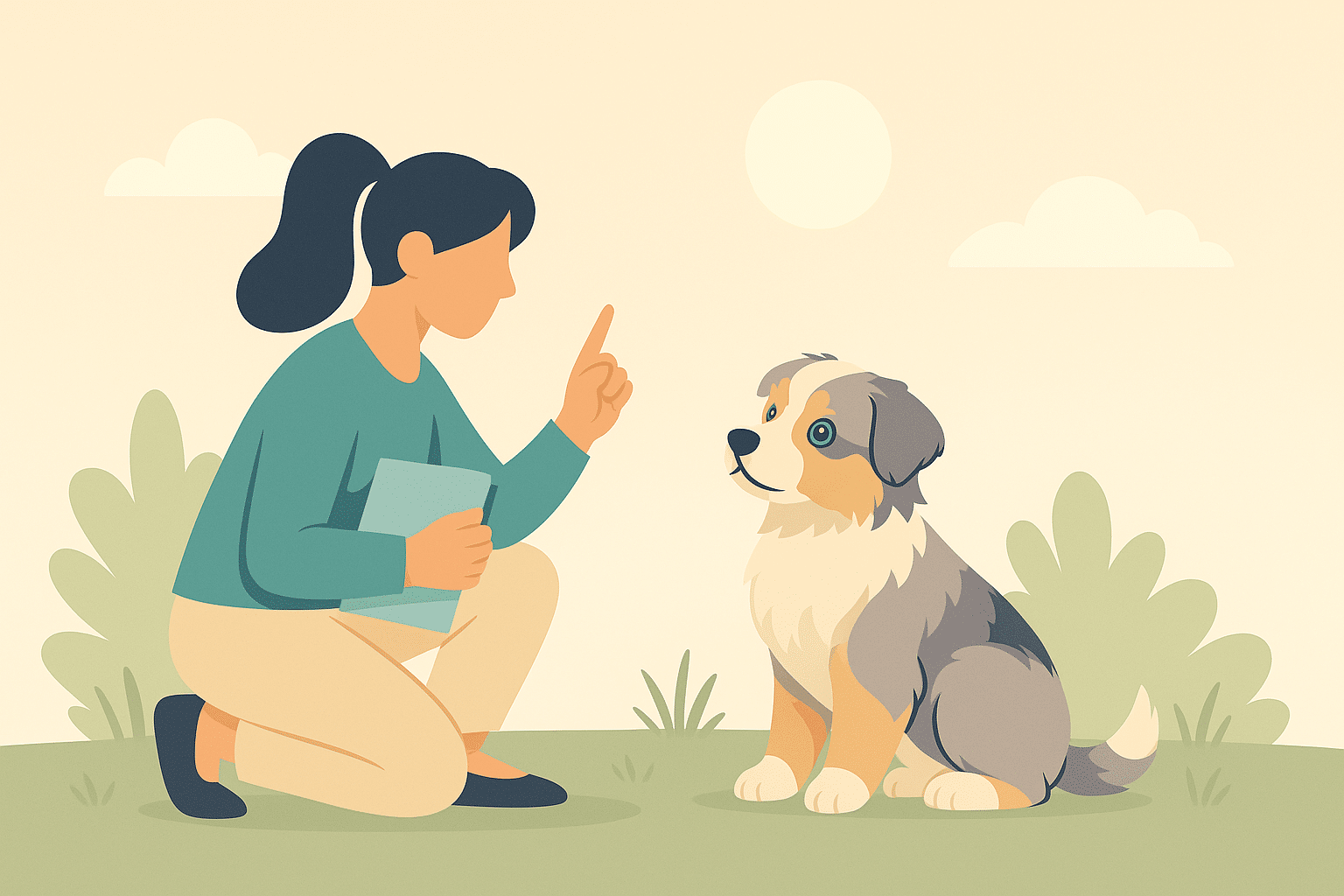 Illustration – femme qui parle à son chiot pour l’éduquer
