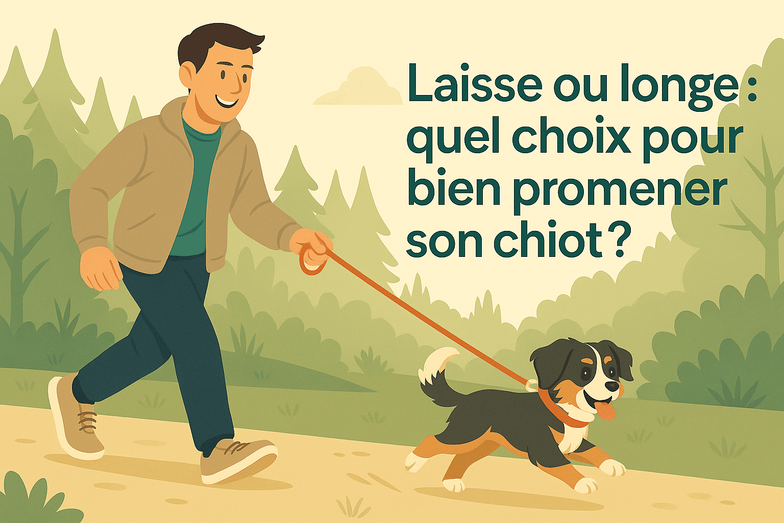 Homme souriant promenant son chiot en laisse dans un parc, illustration flat design.v