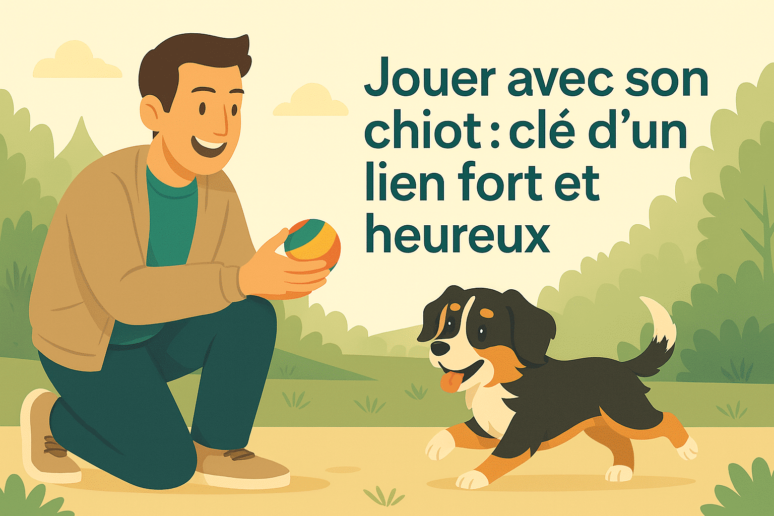 Chiot heureux qui joue avec une balle colorée dans le jardin