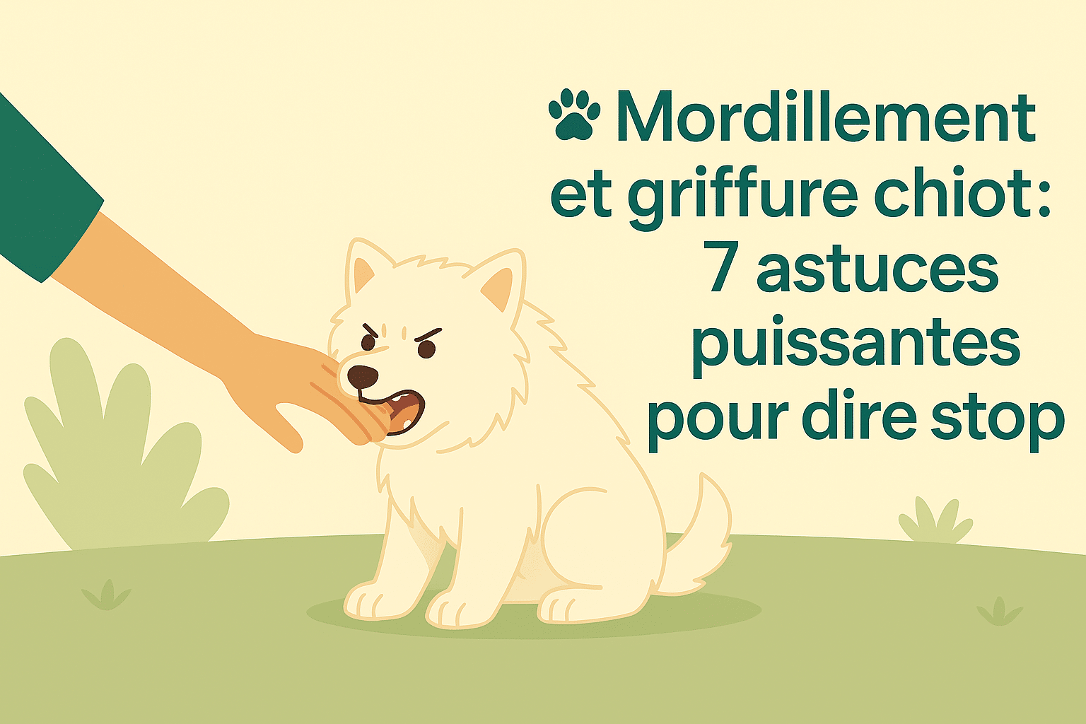 Chiot qui mordille une main et griffe légèrement, illustration du mordillement et griffure