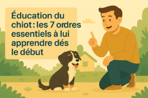 Maitre qui donne des ordres à son chiot assis en extérieur.